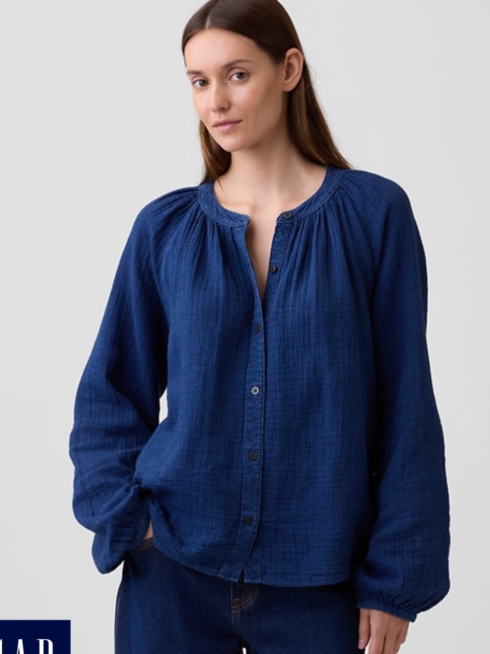 New GAP Women's Navy Oversized Gauze Button-Front Peasant Blouse